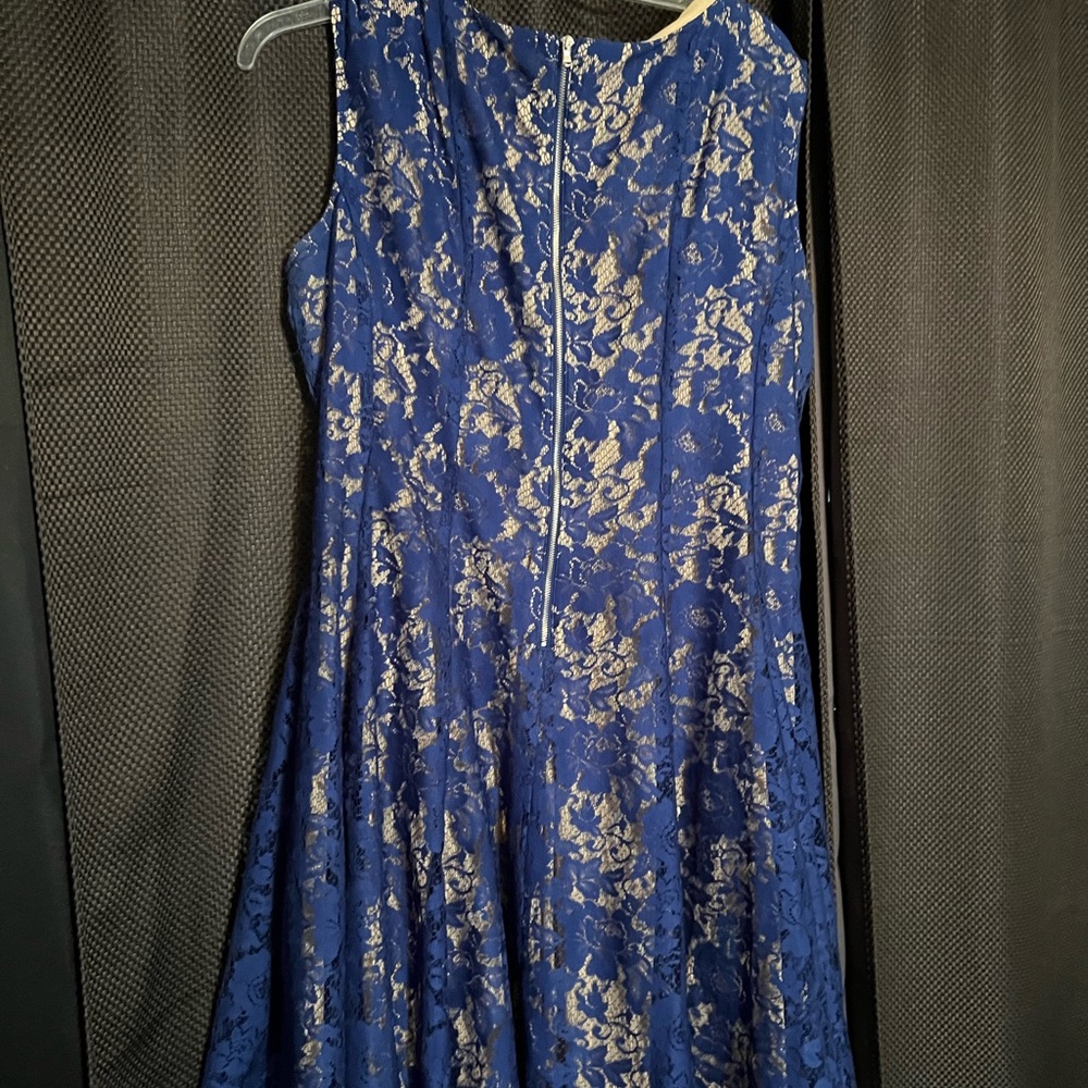 Blue lace over nude dress.  SZ 18 gently worn.  Beautiful flare in skirt.